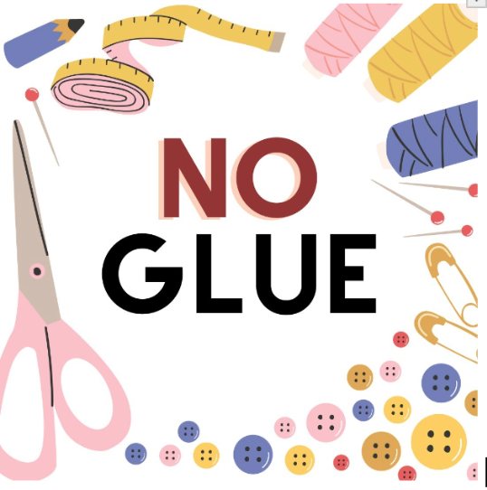 Image with the words 'no glue' with scissors and other craft materials on it.